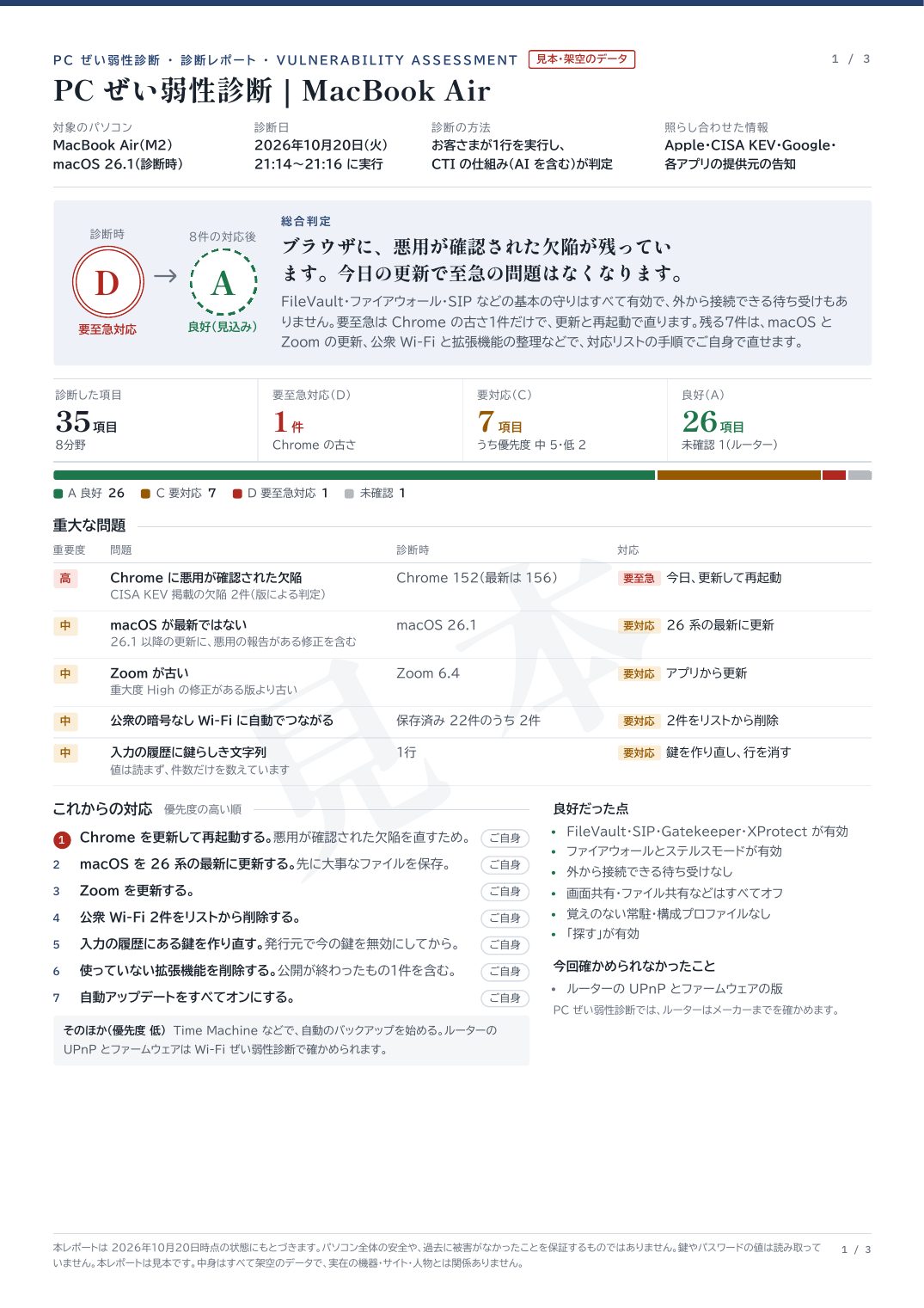診断レポートの見本。総合判定、重大な問題、これからの対応が並ぶ